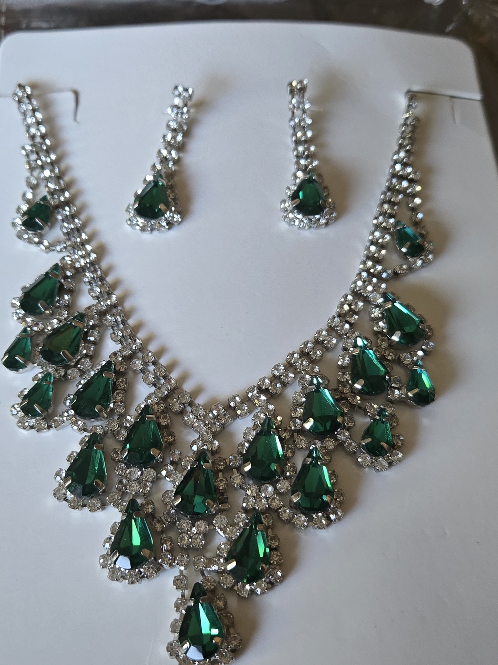 Emerald Teardrop Crystal Necklace & Earring Set - Women Jewelry